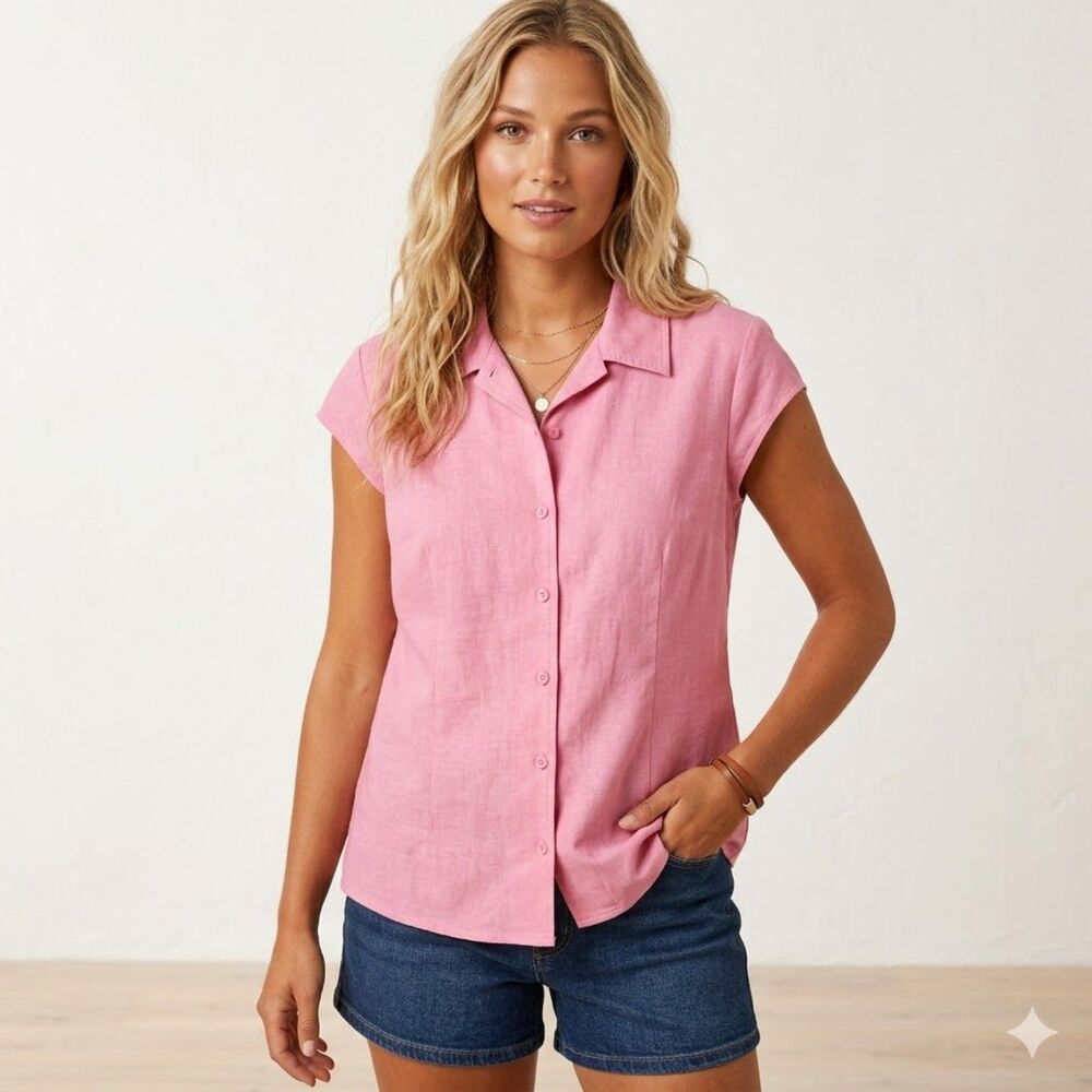 Christopher & Banks Rosy Linen-Cotton Cap-Sleeve Button CoastalChic Blouse SZ XL